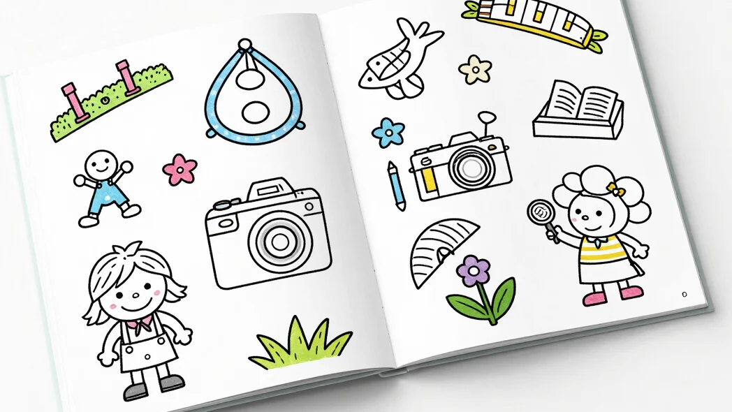 Overhead flat-lay of a kids' coloring book page, cheerful illustr