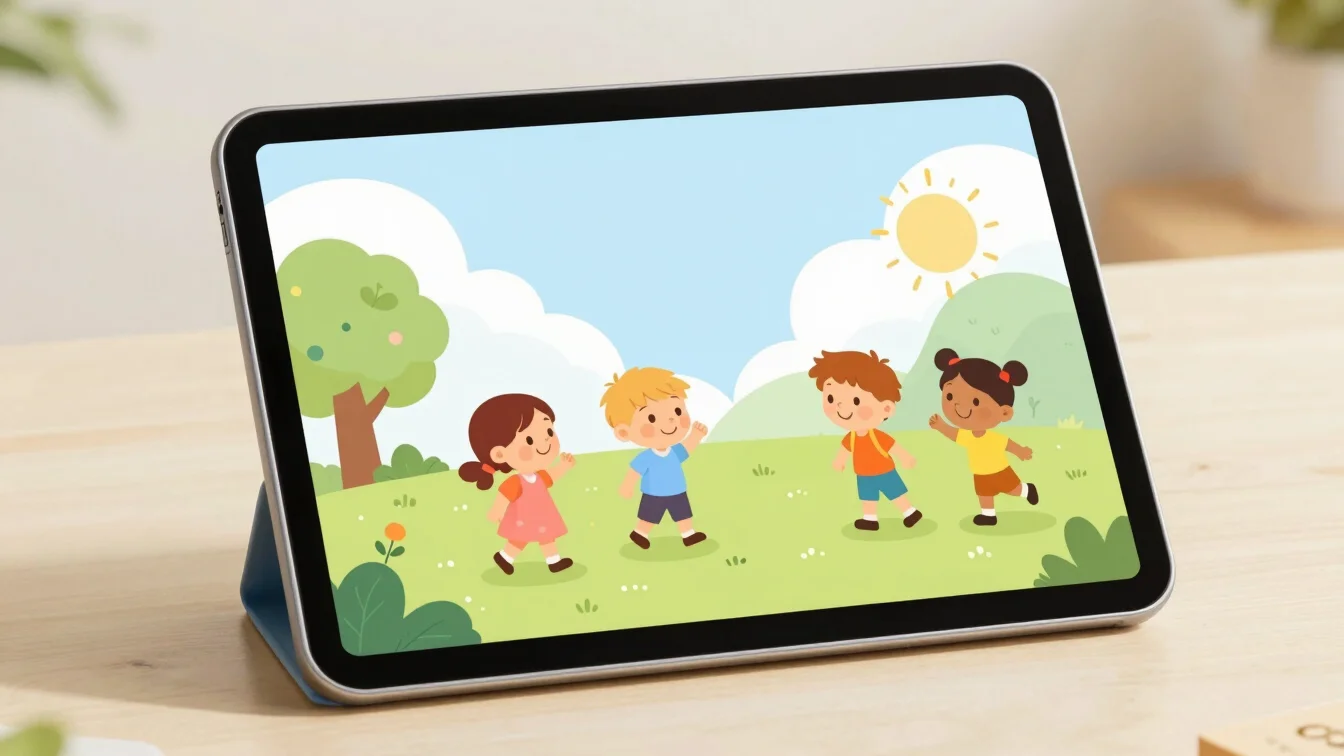 Tablet screen close-up displaying an open kids' storybook, colorf