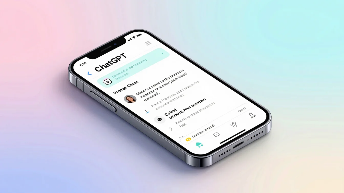 Isometric product card showing a ChatGPT prompt cheat sheet on a