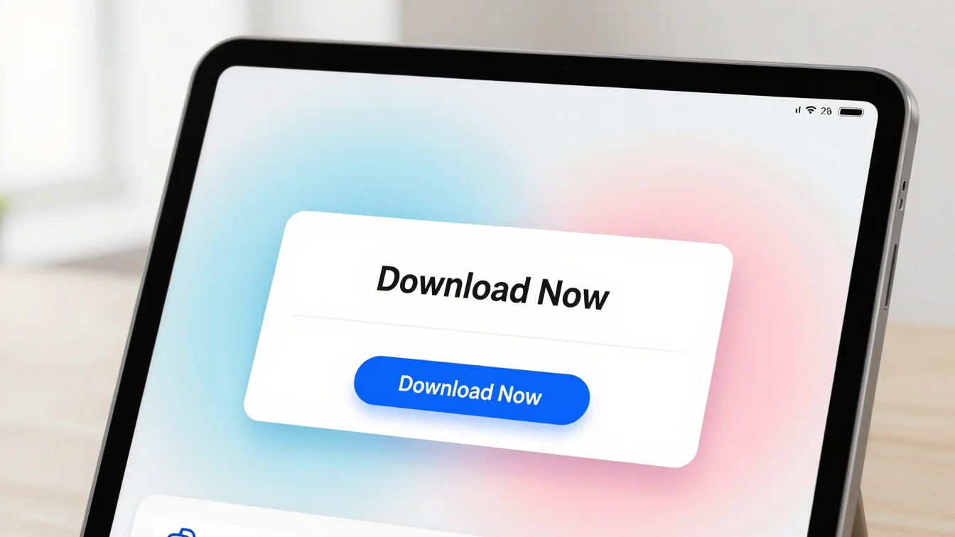 Close-up of a tablet screen displaying a download confirmation page with a prominent 'Download Now' button, bright digit