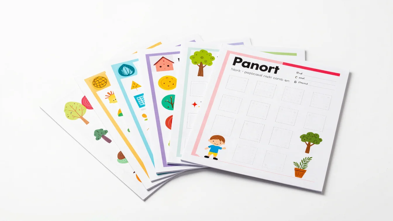 Stack of brightly colored printable activity pages, slightly fanned out, showcasing clean design and vibrant illustratio
