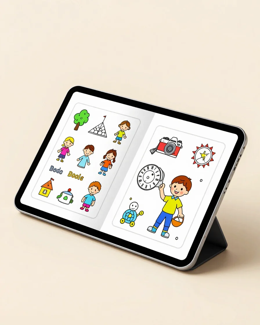 Isometric mockup of an open kids' coloring book PDF on a tablet s